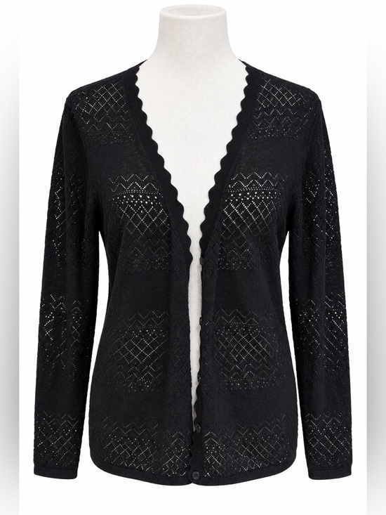 Frye Sweaters - Frye Black Openwork Scallop-Trim Lightweight Cardigan Large